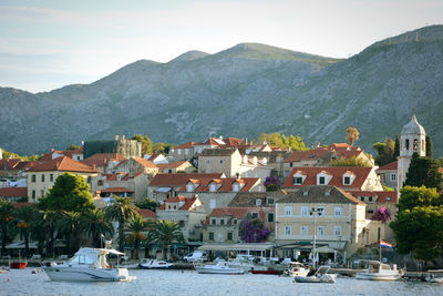 Town by mountain against sky