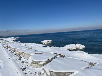 Scenic view of sea against clear blue sky