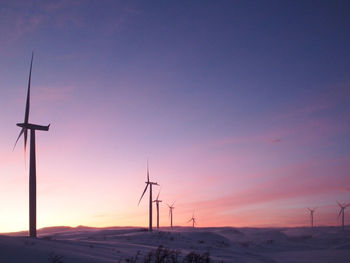 Windmills on snow covered field against sky during sunset