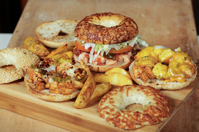 Close-up of burger bagle on cutting board