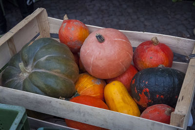 High angle view of pumpkins in crate