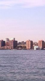 River in front of cityscape against sky