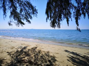 Scenic view of sea against clear blue sky