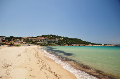 Scenic view of beach against clear blue sky