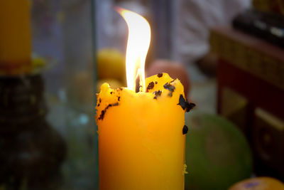One candle flame at shrine were lit for worship gods, tradition of chinese festival in thailand