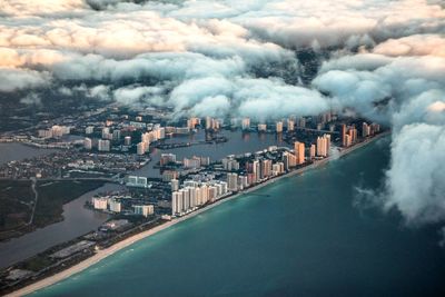 Aerial shot of cityscape and river