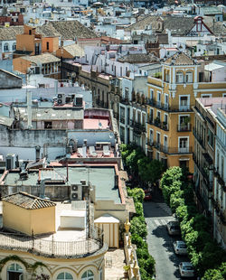 High angle view of buildings in city
