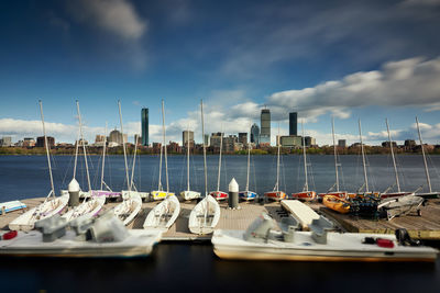 Sailboats moored in marina with city skyline in the distance
