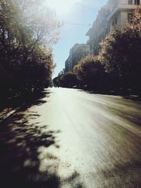 Road amidst trees and buildings against sky