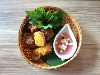 High angle view of food in plate on table