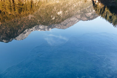 Scenic view of lake by mountain against sky