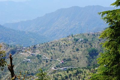 High angle view of landscape and mountains