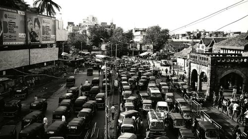 High angle view of people on road