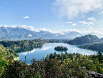 Scenic view of lake and mountains against sky