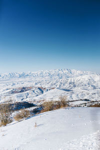 An incredibly beautiful panorama of the winter mountains of the tien shan in uzbekistan
