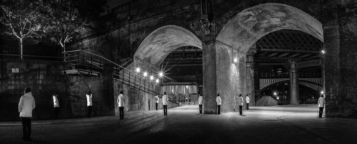 Rear view of people standing by arch bridge at night