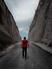 Rear view of man walking on road against sky