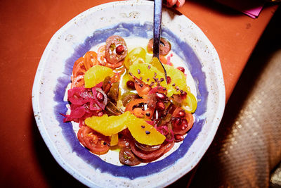 High angle view of food in plate on table