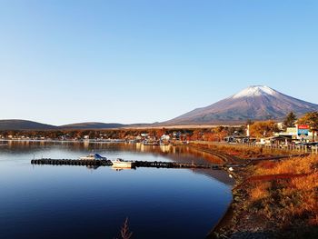 Calm lake against countryside landscape