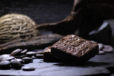 Close-up of chocolate cake on table