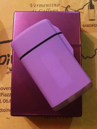 High angle view of books on table