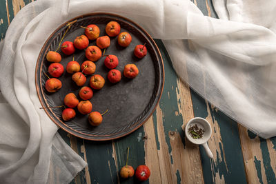 High angle view of fruits in bowl on table