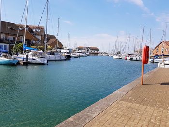 Sailboats moored at harbor