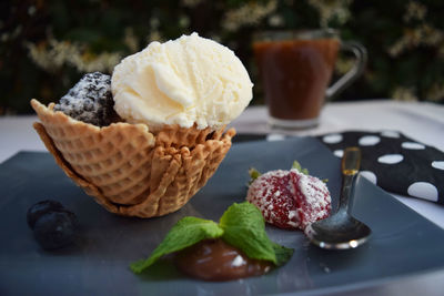 Close-up of dessert served in plate on table