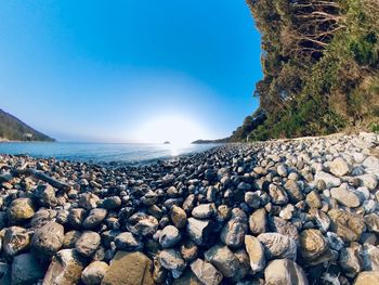 Surface level of rocks on shore against blue sky