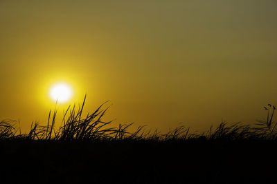 Silhouette landscape against orange sky