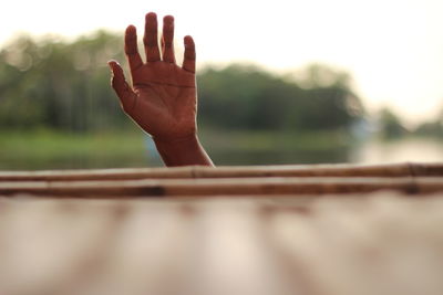 Close-up of wet hand by wood