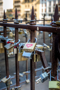 Close-up of padlocks on railing