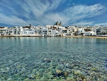 Town by sea against sky