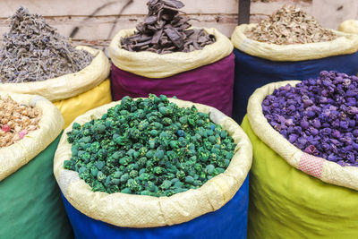 Close up of spices and herbs at spice shop in marrakesh