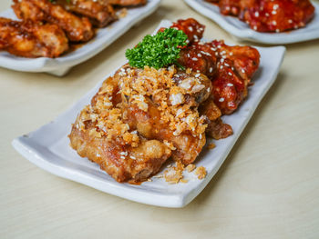 High angle view of food in plate on table