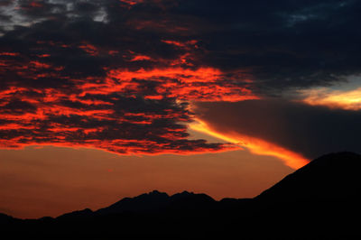 Scenic view of mountains against cloudy sky at sunset