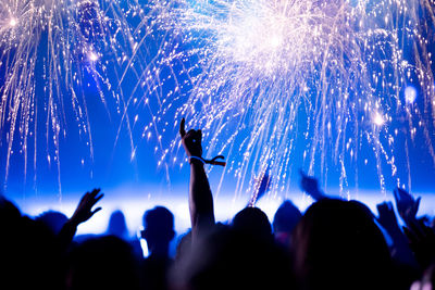 Silhouette people at music festival against firework at night