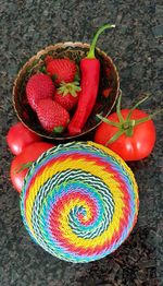 High angle view of strawberries in basket