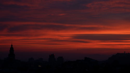 Silhouette of buildings against cloudy sky during sunset