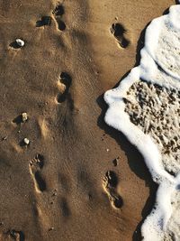 High angle view of footprints on sand at beach