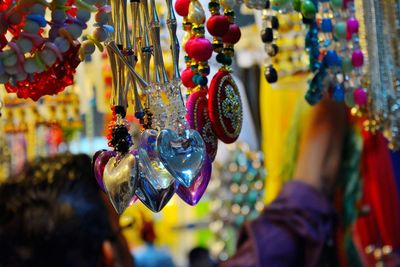 Close-up of multi colored hanging outdoors