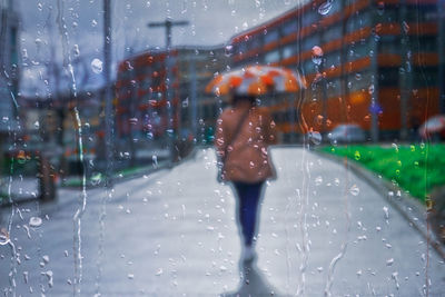 Rear view of woman holding umbrella