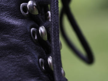 Close-up of black shoe against green background