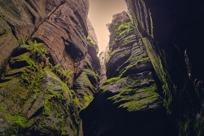 Low angle view of rock formation on mountain against sky