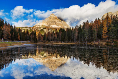 Scenic view of lake by trees against sky