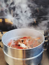 Close-up of meat in cooking pan