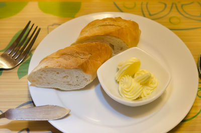 High angle view of breakfast served on table
