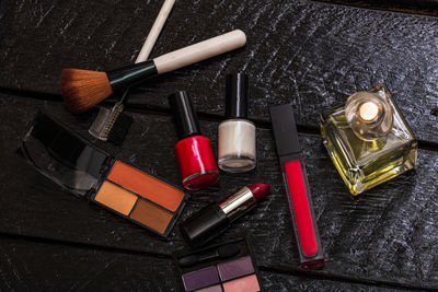 High angle view of beauty products on table