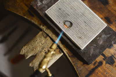 High angle view of equipment on table