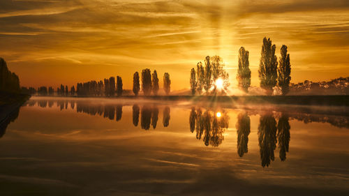 Scenic view of lake against sky during sunset